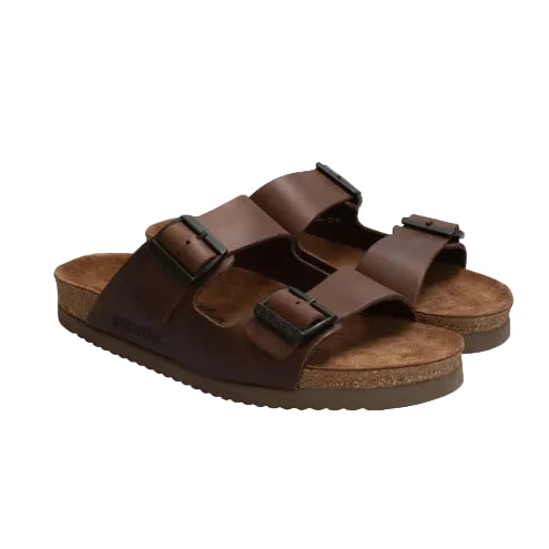Brown sandals with cork sole on a white background