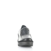 Black slip-on shoe on a white background