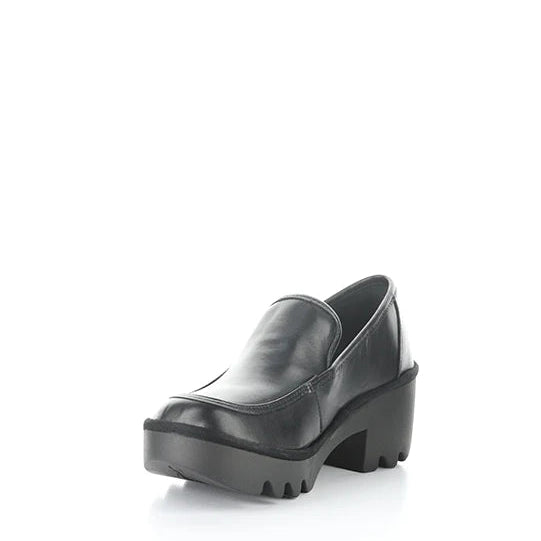 Black leather platform shoe on a white background