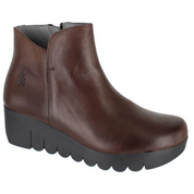 Brown ankle boot with black sole on a white background