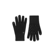 Pair of grey gloves with a logo on a white background