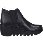 Black leather ankle boot with a thick sole on a white background