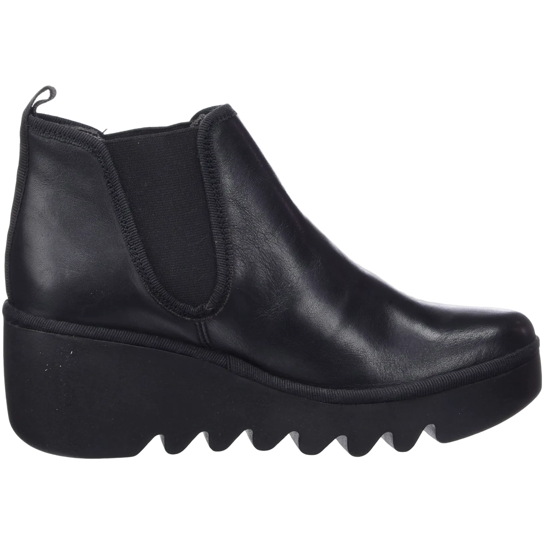 Black leather ankle boot with a thick sole on a white background