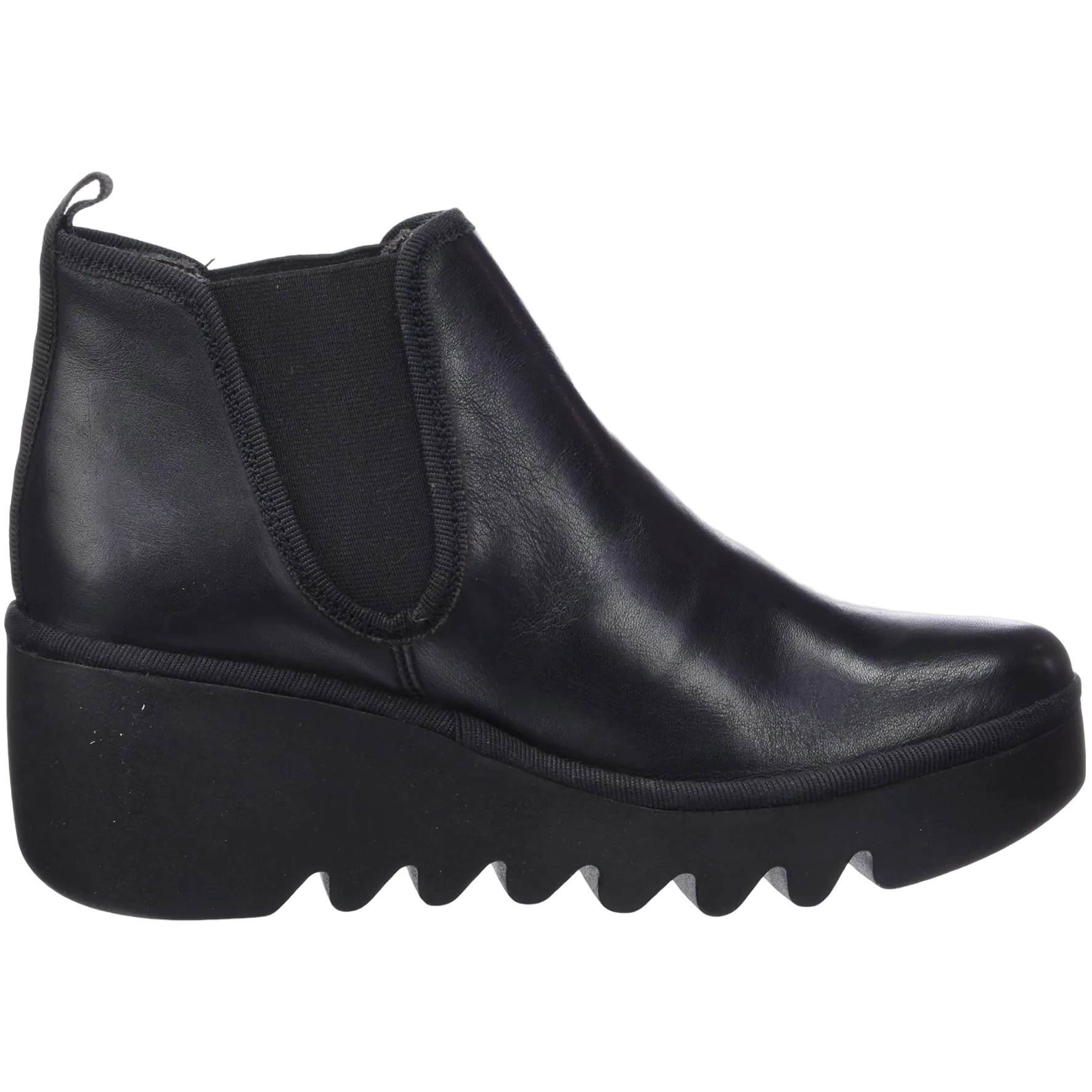 Black leather ankle boot with a thick sole on a white background