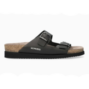 Black sandal with cork sole and 'Mephisto' branding on a white background