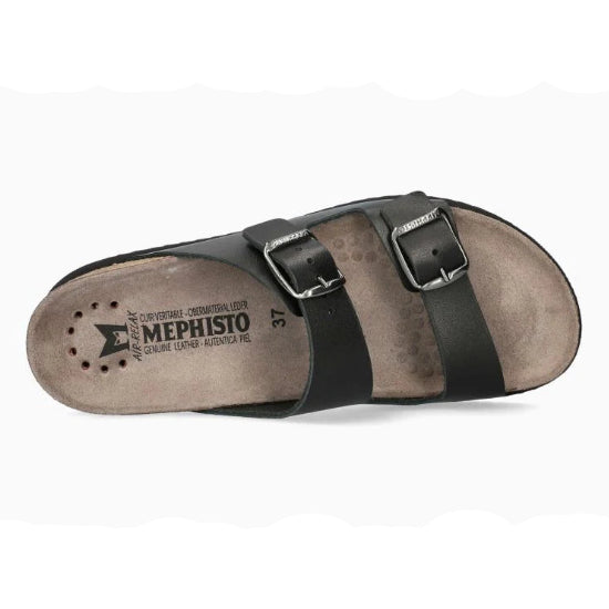 Black sandal with black straps on a white background, featuring Mephisto branding.
