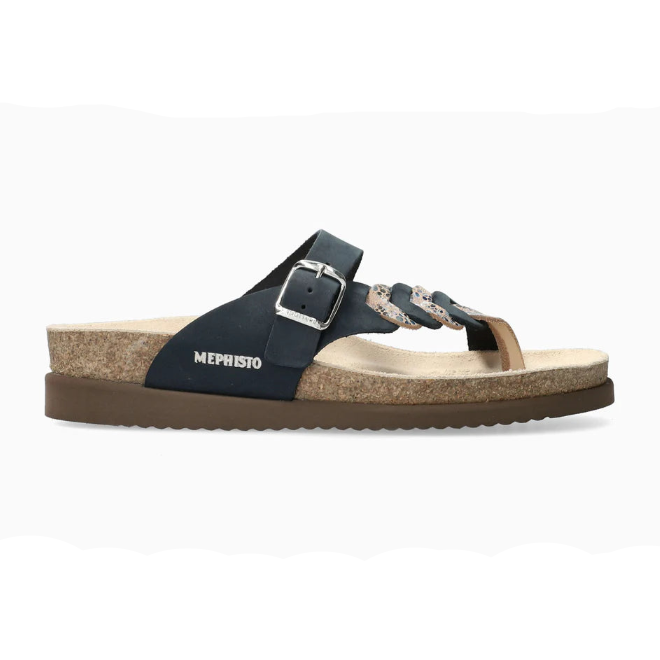 Navy sandal with cork sole on a white background