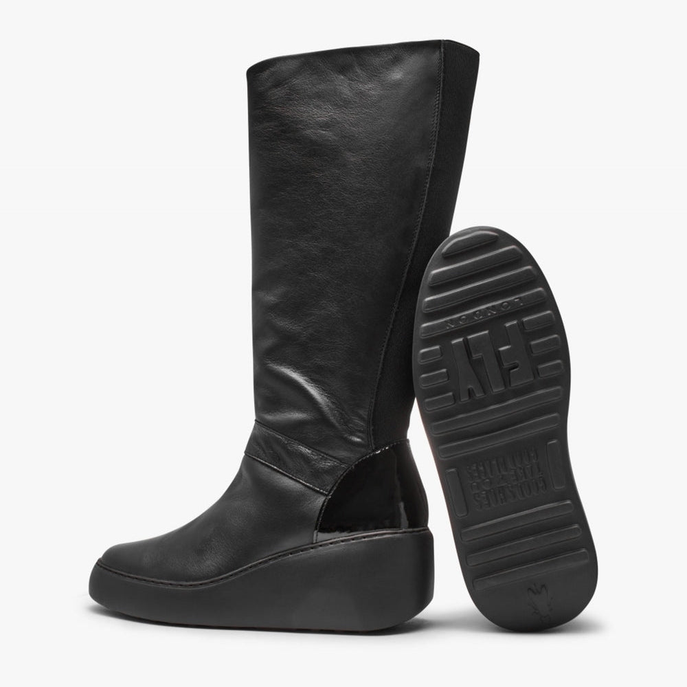 Black knee-high boot with a visible brand logo on a white background