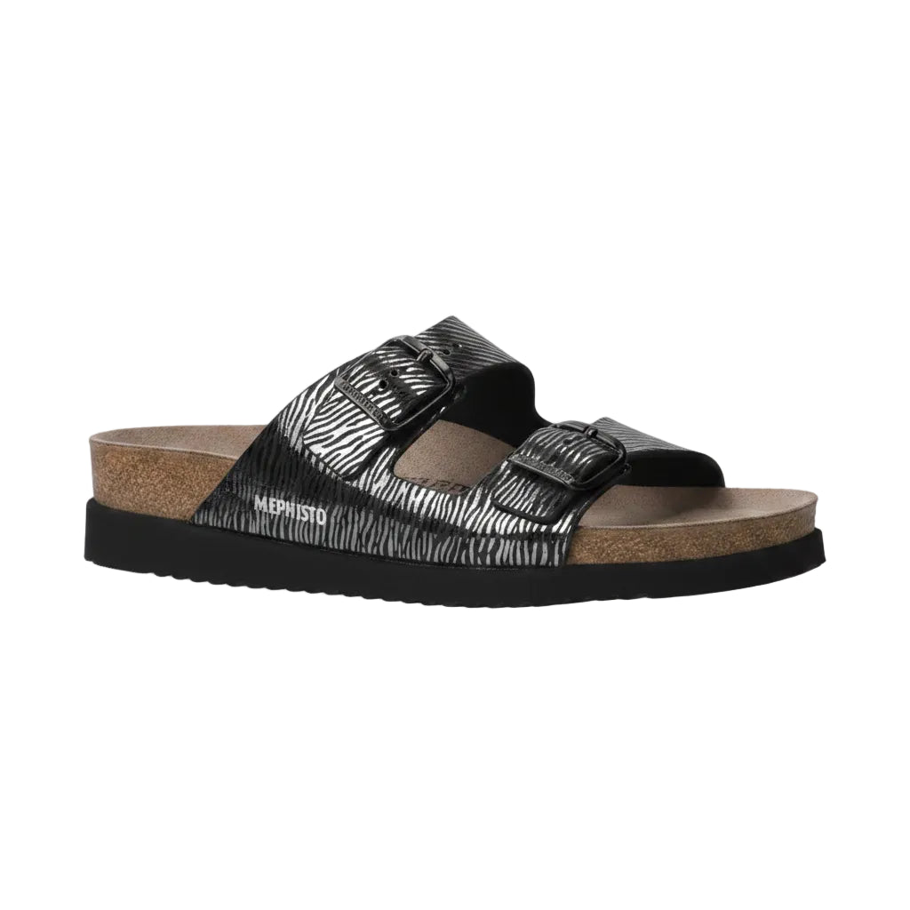 A single slide sandal by Malvino, featuring a black and silver zebra-patterned upper, a black sole, and a natural cork footbed, shown against a plain white background.
