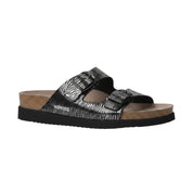 A single slide sandal by Malvino, featuring a black and silver zebra-patterned upper, a black sole, and a natural cork footbed, shown against a plain white background.