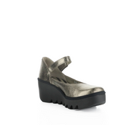 A metallic gold Mary Jane platform shoe with a chunky black lug sole, shown from a three-quarters angle on a white background.