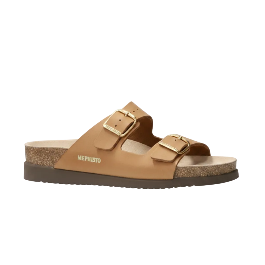 A Mephisto double-strap slide sandal in tan leather with gold-tone buckle hardware, a brown cork-textured midsole, and a dark brown outsole, shown from a side profile on a white background.