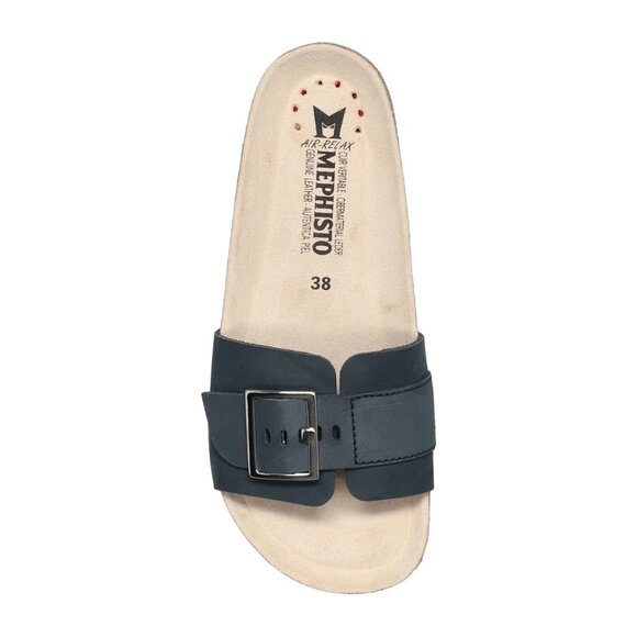 Blue sandal with a blue strap and buckle on a white background